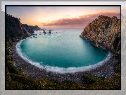 Morze, Zachód słońca, Góry, Skały, Plaża, Playa del Silencio, Asturia, Hiszpania