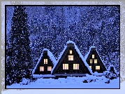 Zima, Noc, Drzewa, Śnieg, Domy, Światła