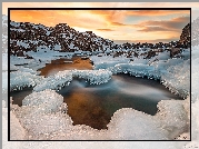 Wschód słońca, Zima, Śnieg, Góry, Park Narodowy Pingvellir, Rzeka Oxara, Islandia