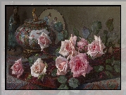 Malarstwo, Obraz, Pascal De Beucker, Figurka, Kot, Szkatuła, Różowe, Róże