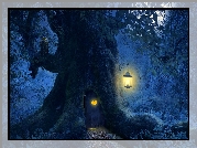 Noc, Drzewo, Drzwi, Sowa, Lampion, 2D