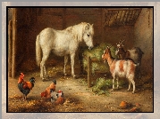 Malarstwo, Obraz, Edgar Hunt, Koń, Kozy, Kury, Stodoła