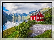Norwegia, Fiord Sognefjorden, Góry, Czerwony, Dom