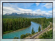 Kanada, Góry, Canadian Rockies, Drzewa, Lasy, Rzeka Bow River, Park Narodowy Banff, Tory, Chmury