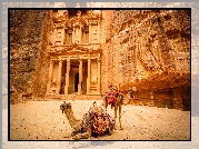 Jordania, Petra, Skarbiec Faraona Al-Chazna, Ruiny, Skały, Różowe Miasto, Wielbłądy