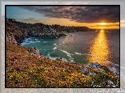 Zachód słońca, Skały, Wybrzeże, Morze, Beuzec Cap Sizun, Bretania, Francja