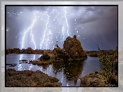 Skały, Granite Dells, Pioruny, Jezioro, Watson Lake, Prescott, Arizona, Stany Zjednoczone