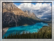 Góry, Canadian Rockies, Chmury, Jezioro Peyto Lake, Drzewa, Park Narodowy Banff, Alberta, Kanada