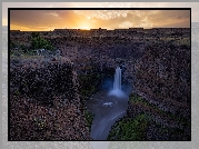 Skały, Wyżyna Kolumbii, Wąwóz, Wodospad, Palouse Falls, Rzeka, 
Palouse River, Wschód słońca, Stan Waszyngton, Stany Zjednoczone