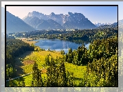 Jezioro Eibsee, Góry, Karwendel, Drzewa, Lasy, Bawaria, Niemcy