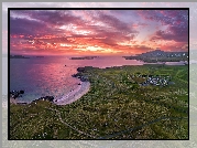 Wybrzeże, Morze, Plaża, Tra Dhearg Beach, Zachód słońca, Chmury, Hrabstwo Donegal, Irlandia