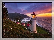 Zachód słońca, Latarnia morska, Heceta Head Lighthouse, Stan Oregon, Stany Zjednoczone
