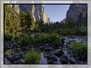 Park Narodowy Yosemite, Góry Sierra Nevada, Rzeka, Merced River, Dolina, Yosemite Valley, Kępki, Trawy, Kamienie, Drzewa, Kalifornia, Stany Zjednoczone