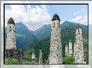 Erzi, Inguszetia, Kaukaz, Skały, Ruiny, Wieże obronne, Góry, Drzewa, Rosja
