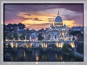 Watykan, Rzeka Tyber, Most św Anioła, Bazylika Świętego Piotra, Światła, Wschód słońca