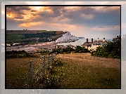 Park Narodowy South Downs, Wzgórza, Klify, Beachy Head, Morze, Domy, Ogrodzenie, Eastbourne, Anglia