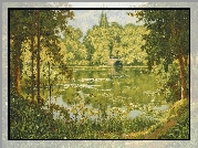 Malarstwo, Obraz, Henri Biva, Drzewa, Jezioro, Most