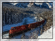 Góry Skaliste, Zima, Las, Drzewa, Rzeka, Bow River, Park Narodowy Banff, Pociąg, Chmury, Alberta, Kanada