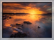 Zachód słońca, Jezioro, Kamienie, Norwegia