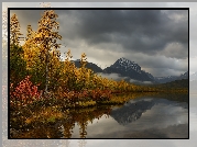 Jesień, Wzgórza, Góry Kołymskie, Jezioro Nevidimka, Drzewa, Roślinność, Odbicie, Chmury, Kołyma, Magadan, Rosja