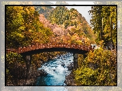 Rzeka, Daiya River, Most, Shinkyo Bridge, Góry, Drzewa, Jesień, Nikko, Japonia