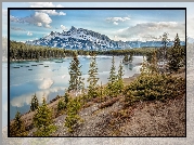 Góry, Góra, Mount Rundle, Lasy, Drzewa, Jezioro, Two Jack Lake, Park Narodowy Banff, Prowincja Alberta, Kanada