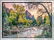 Park Narodowy Zion, Góry, Góra Watchman, Drzewa, Rzeka, Virgin River, Stan Utah, Stany Zjednoczone