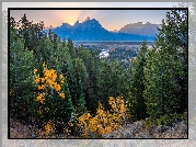 Góry, Teton Range, Rzeka, Snake River, Drzewa, Park Narodowy Grand Teton, Stan Wyoming, Stany Zjednoczone