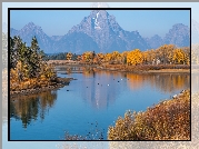 Park Narodowy Grand Teton, Rzeka, Snake River, Góry, Teton Range, Drzewa, Jesień, Stan Wyoming, Stany Zjednoczone