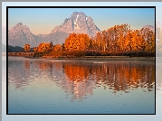 Jesień, Park Narodowy Grand Teton, Rzeka, Snake River, Góry, Teton Range, Drzewa, Jesień, Stan Wyoming, Stany Zjednoczone