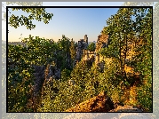 Góry Połabskie, Park Narodowy Saskiej Szwajcarii, Niemcy, Formacja skalna, Bastei, Skały, Most, Drzewa