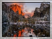 Park Narodowy Yosemite, Góry, Rozświetlony, Szczyt El Capitan, Dolina Yosemite Valley, Drzewa, Rzeka, Merced River, Śnieg, Stan Kalifornia, Stany Zjednoczone