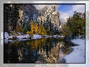 Góry, Rzeka, Śnieg, Drzewa, Odbicie, Park Narodowy Yosemite, Kalifornia, Stany Zjednoczone