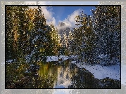 Park Narodowy Yosemite, Rzeka, Merced River, Góry, Drzewa, Śnieg, Kalifornia, Stany Zjednoczone