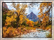 Park Narodowy Zion, Góra Watchman, Rzeka, Virgin River, Kamienie, Drzewa, Jesień, Stan Utah, Stany Zjednoczone