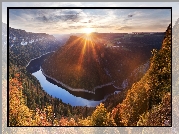 Szwajcaria, Neuchatel, Wzgórza, Jezioro, Lac de Moron, Tama Chatelot, Drzewa, Jesień, Las, Promienie słońca