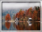 Jezioro, Jesień, Domy, Drzewa, Mgła