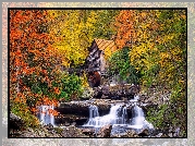 Jesień, Drzewa, Rzeka, Skały, Młyn wodny, Glade Creek Grist Mill, Park Babcock State, Wirginia Zachodnia, Stany Zjednoczone