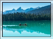 Kanada, Kolumbia Brytyjska, Jezioro, Emerald Lake, Park Narodowy Yoho, Kajak, Las, Drzewa, Góry