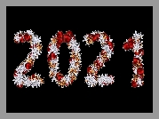 Gwiazdki, Płatki, Śniegu, Bombki, Czerwone, Cyfry, Nowy, Rok, Czarne tło, Data, 2021