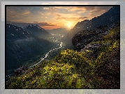 Góry, Rzeka Rauma, Zachód słońca, Dolina, Romsdalen, Norwegia