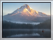 Stratowulkan, Góra, Mount Hood, Lasy, Mgła, Poranek, Jezioro, Rybak, Łódka, Stan Oregon, Stany Zjednoczone