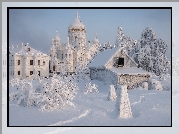 Cerkiew, Białogórski Monaster św Mikołaja, Zima, Śnieg, Ośnieżone, Domy, Drzewa, Biała Góra, Obwód permski, Rosja