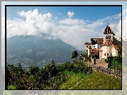 Włochy, Prowincja Bolzano, Algund, Kościół, Kościół św Piotra, Góry, Alpy, Drzewa, Chmury