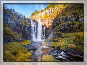Skały, Wodospad, Skjervsfossen Waterfall, Rzeka, Rośliny, Chmury, Drzewa, Granvin, Norwegia
