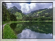 Jezioro, Voralpsee, Drzewa, Las, Góry, Alpy, Kanton Sankt Gallen, Szwajcaria