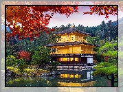 Świątynia Kinkakuji, Złoty Pawilon, Staw Kyko chi, Liście, Drzewa, Kioto, Japonia
