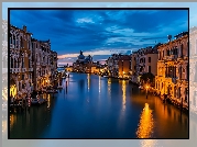 Włochy, Wenecja, Kanał, Canal Grande, Domy, Łodzie, Latarnie, Wschód słońca