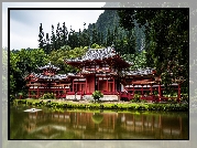 Stany Zjednoczone, Hawaje, Wyspa Oahu, Budowla, Świątynia, Byodo-In, Replika, Drzewa, Góry