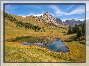 Góry, Dolomity, Jezioro Lech Sant, Drzewa, Łąka, Gmina Santa Cristina Val Gardena, Włochy